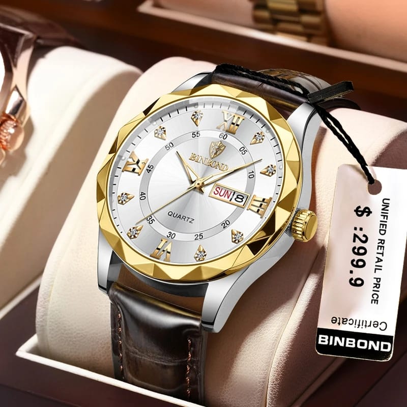 Binbond 2521B new Men's watch diamond cutting glass luxury fashion unique design Leather belt waterproof quartz movement wrist-watch